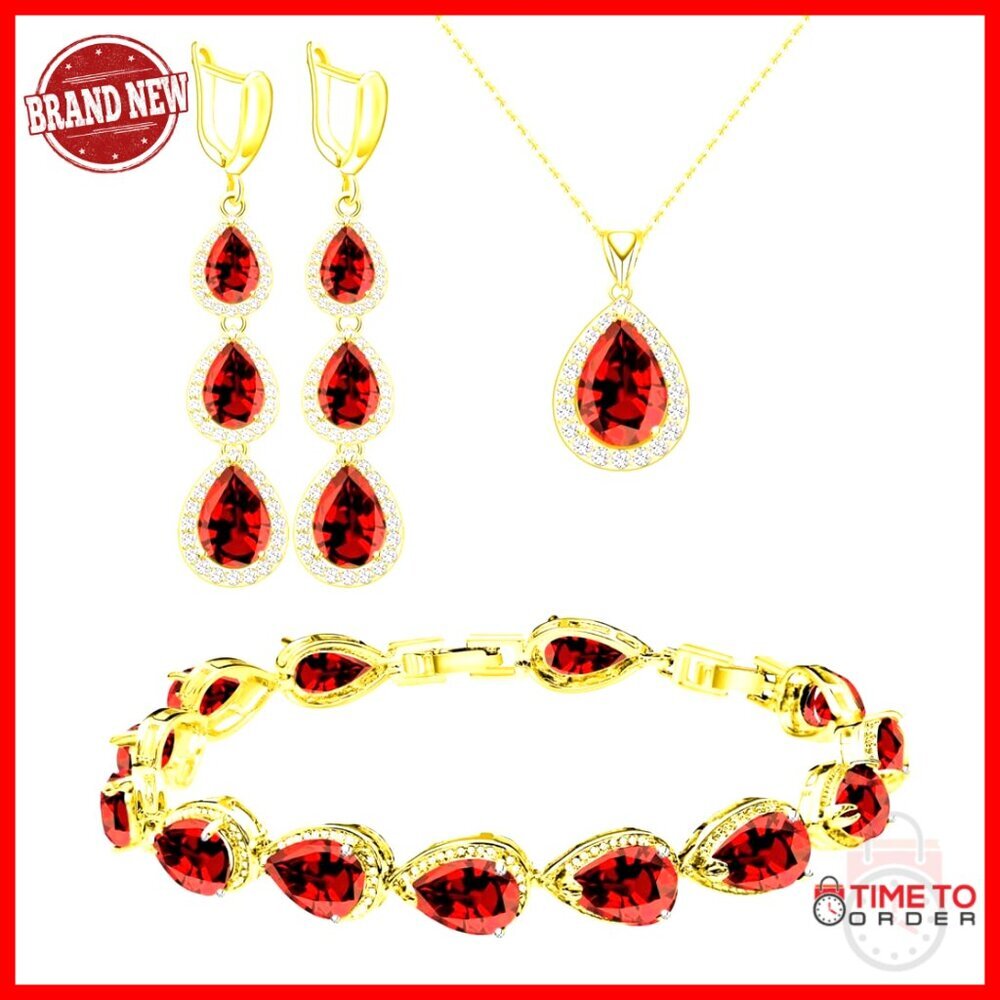 Gold Plated Jewelry Set with Created Sapphire Stones, Adjustable Necklace